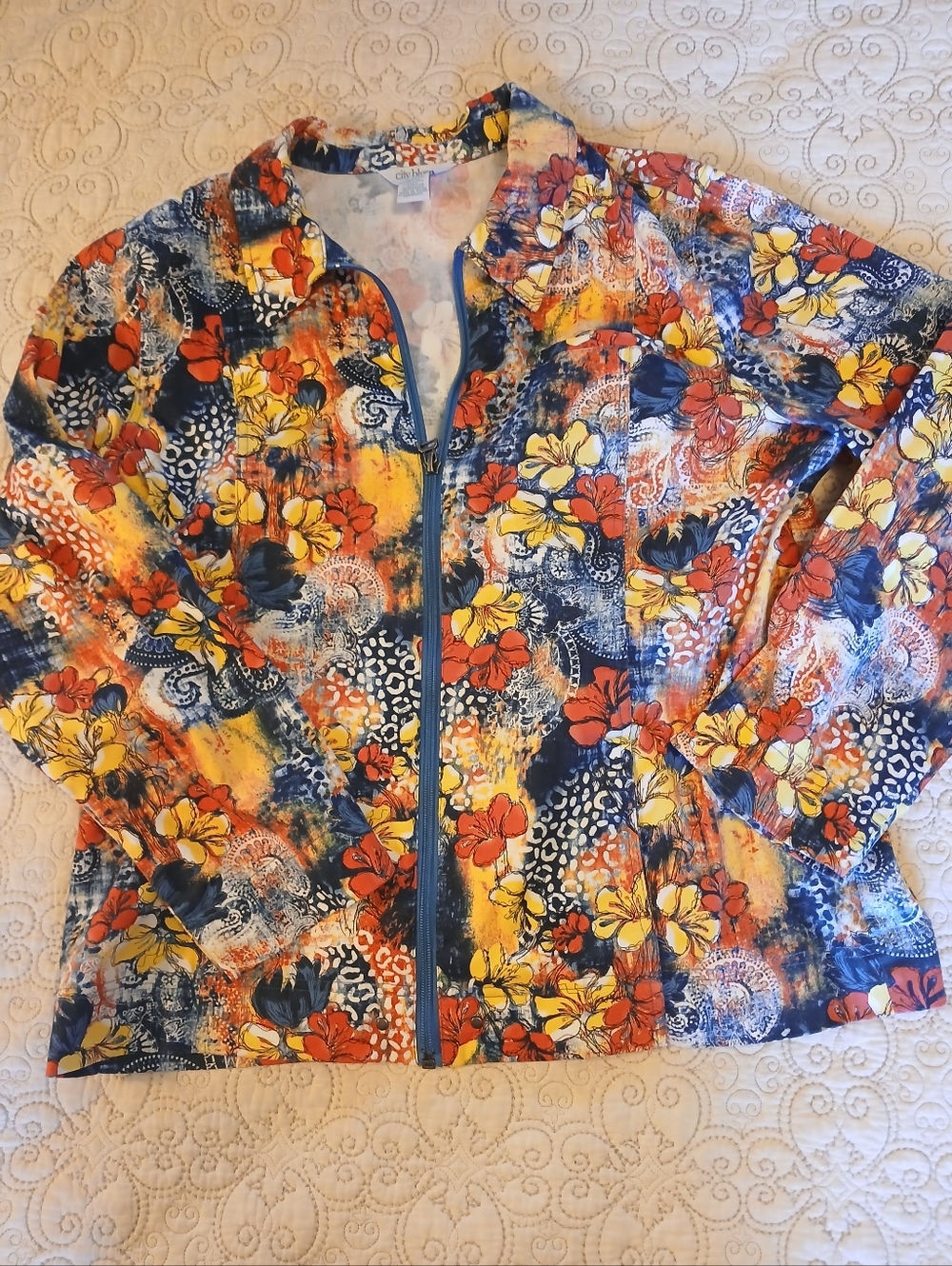 Koret Floral Zip-Front Jacket in Navy, Yellow & RedOrange